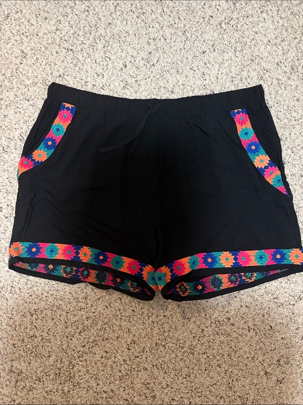 Black Shorts with Bright Multicolor Embroidered Trim